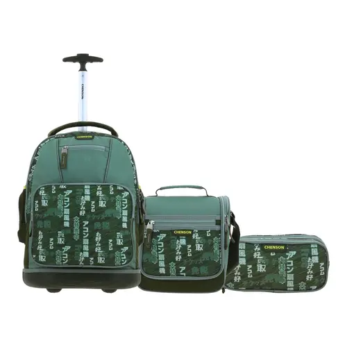 Kit Escolar Chenson Original (Mochila con Ruedas + Lonchera + Lapicera) Verde Seco