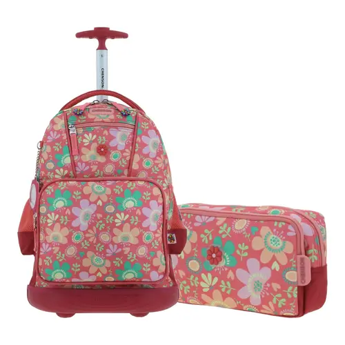 Kit Escolar Happy Girl by Chenson (Mochila con Ruedas + Lapicera) Rosa Infantil - Modelo HG66143