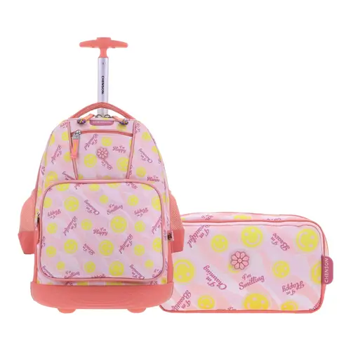 Kit Escolar Happy Girl by Chenson (Mochila con Ruedas + Lapicera) Rosa Infantil - Modelo HG66527