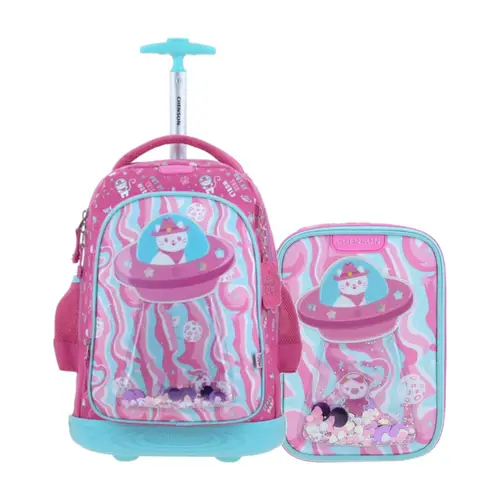 Kit Escolar Happy Girl by Chenson (Mochila con Ruedas + Lapicera) Rosa Infantil - Modelo HG70161