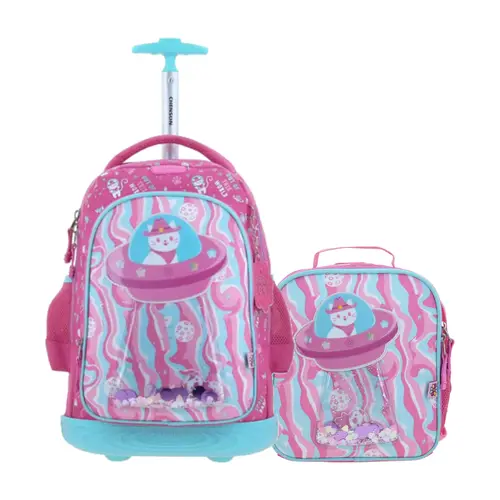 Kit Escolar Happy Girl by Chenson (Mochila con Ruedas + Lonchera) Rosa Infantil - Modelo HG70161