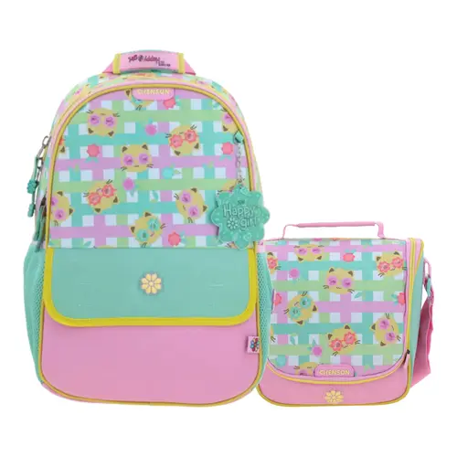 Kit Escolar Happy Girl by Chenson (Mochila + Lonchera) Rosa Infantil - Modelo HG70706
