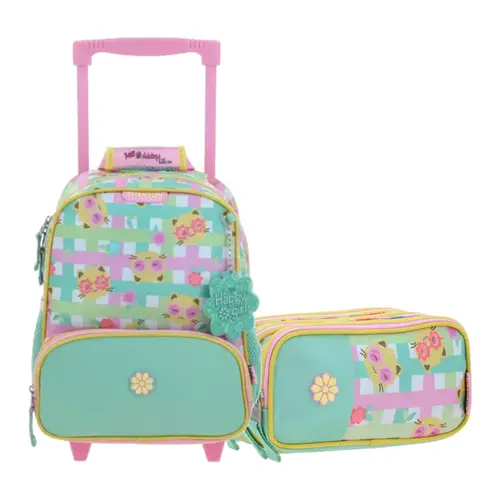 Kit Escolar Happy Girl by Chenson (Mochila con Ruedas + Lapicera) Rosa Infantil - Modelo HG70709