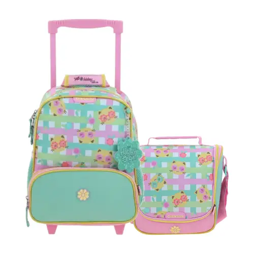 Kit Escolar Happy Girl by Chenson (Mochila con Ruedas + Lonchera) Rosa Infantil - Modelo HG70709