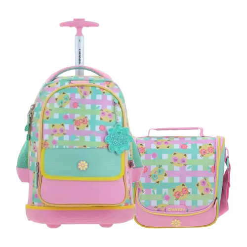 Kit Escolar Happy Girl by Chenson (Mochila con Ruedas + Lonchera) Rosa Infantil - Modelo HG70710