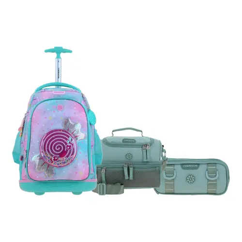 Kit Escolar Happy Girl by Chenson (Mochila con Ruedas + Lonchera + Lapicera) Turquesa Infantil - Modelo HG70994 1