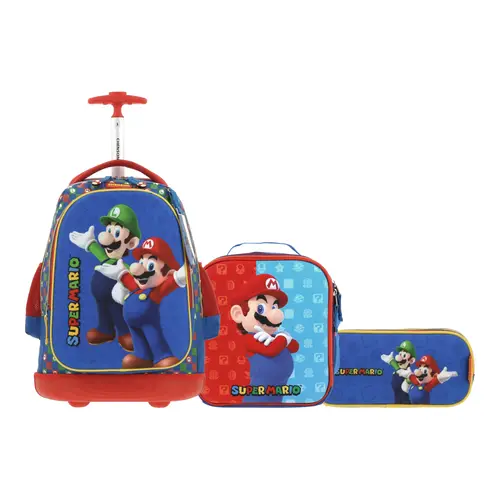 Kit Escolar Mario Bros by Chenson (Mochila con Ruedas + Lonchera + Lapicera) Azul Infantil - Modelo MB65971 1