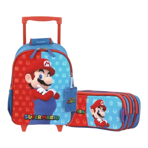 Kit Escolar Mario Bros by Chenson (Mochila con Ruedas + Lapicera) Azul Infantil - Modelo MB66082