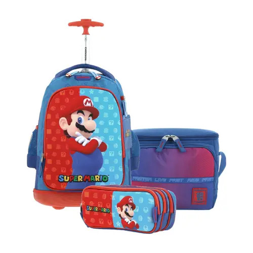 Kit Escolar Mario Bros by Chenson (Mochila con Ruedas + Lonchera + Lapicera) Azul Infantil - Modelo MB66083 1