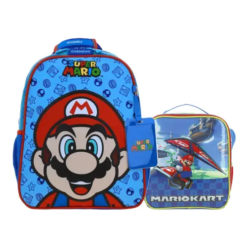 Kit Escolar Mario Bros by Chenson Mochila + Lonchera Azul Infantil