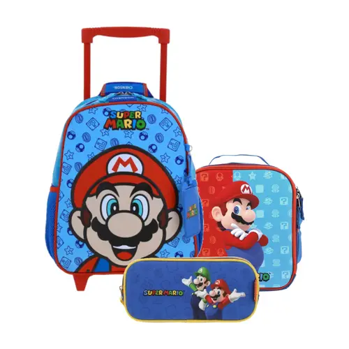 Kit Escolar Mario Bros by Chenson (Mochila con Ruedas + Lonchera + Lapicera) Azul Infantil - Modelo MB66131 1
