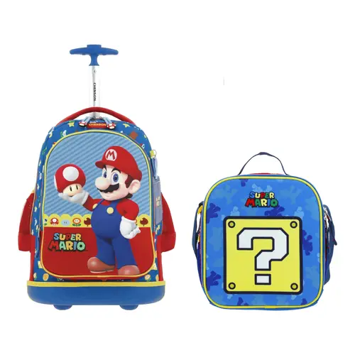 Kit Escolar Mario Bros by Chenson Mochila con Ruedas + Lonchera Azul Infantil - Modelo MB66264 1