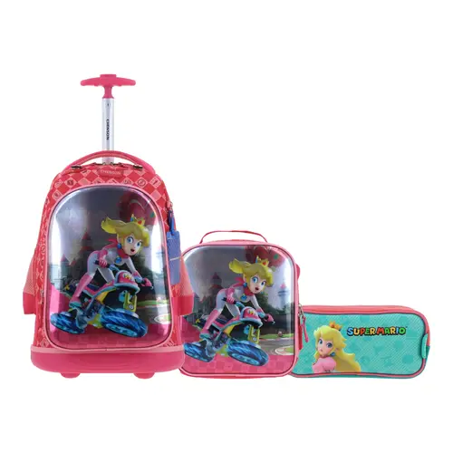 Kit Escolar Mario Bros by Chenson (Mochila con Ruedas + Lonchera + Lapicera) Rosa Infantil - Modelo MB66278