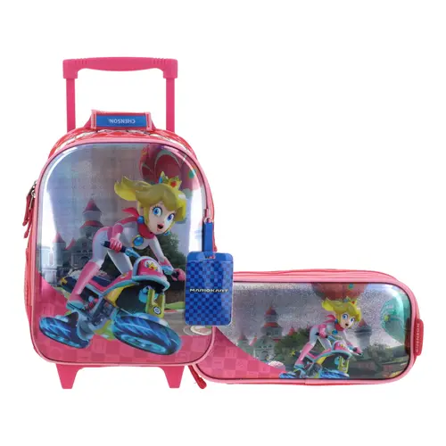 Kit Escolar Mario Bros by Chenson (Mochila con Ruedas + Lapicera) Rosa Infantil - Modelo MB66279