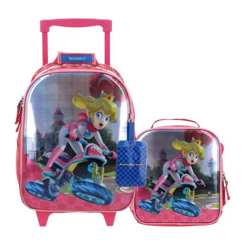 Kit Escolar Mario Bros by Chenson (Mochila con Ruedas + Lonchera) Rosa Infantil - Modelo MB66279