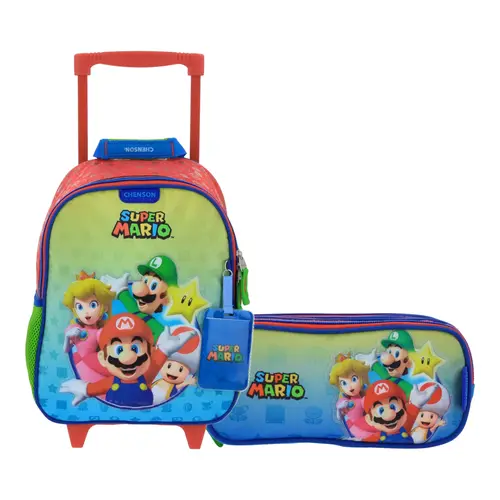 Kit Escolar Mario Bros by Chenson (Mochila con Ruedas + Lapicera) Rojo Infantil - Modelo MB66457
