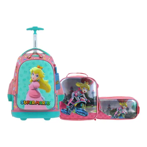 Kit Escolar Mario Bros by Chenson Mochila con Ruedas + Lonchera + Lapicera Rosa Infantil - Modelo MB66503