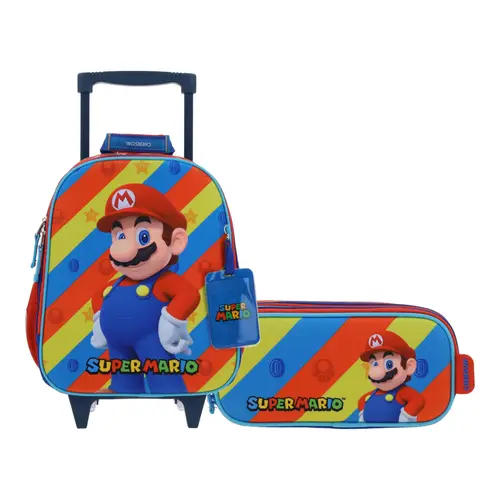 Kit Escolar Mario Bros by Chenson Mochila con Ruedas + Lapicera Rojo Infantil