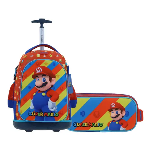 Kit Escolar Mario Bros by Chenson (Mochila con Ruedas + Lapicera) Rojo Infantil - Modelo MB66578