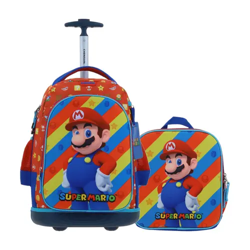 Kit Escolar Mario Bros by Chenson (Mochila con Ruedas + Lonchera) Rojo Infantil - Modelo MB66578