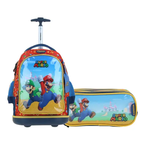 Kit Escolar Mario Bros by Chenson (Mochila con Ruedas + Lapicera) Azul Infantil - Modelo MB66584