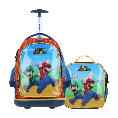 Kit Escolar Mario Bros by Chenson (Mochila con Ruedas + Lonchera) Azul Infantil - Modelo MB66584