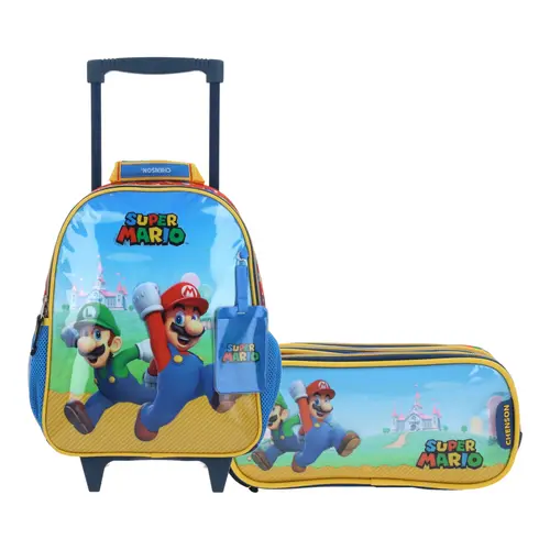 Kit Escolar Mario Bros by Chenson Mochila con Ruedas + Lapicera Azul Infantil - Modelo MB66585