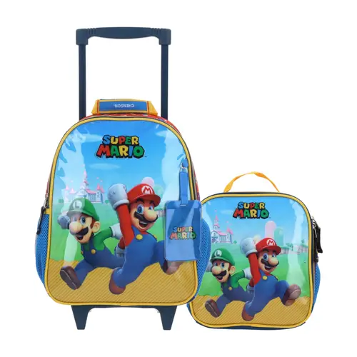 Kit Escolar Mario Bros by Chenson (Mochila con Ruedas + Lonchera) Azul Infantil - Modelo MB66585