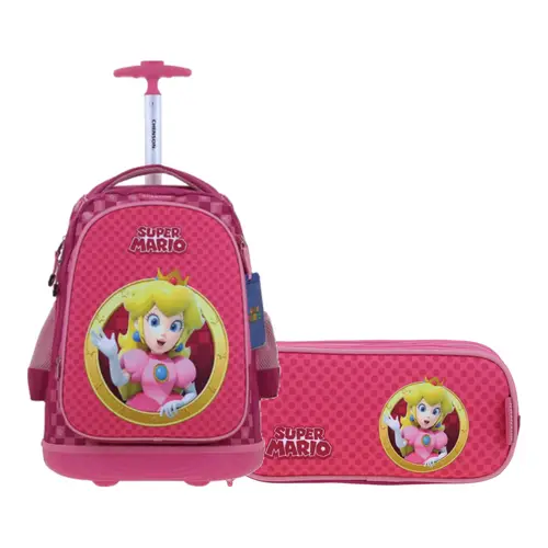 Kit Escolar Mario Bros by Chenson (Mochila con Ruedas + Lapicera) Rosa Infantil - Modelo MB70734