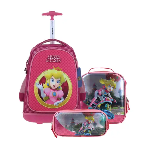 Kit Escolar Mario Bros by Chenson (Mochila con Ruedas + Lonchera + Lapicera) Rosa Infantil - Modelo MB70734