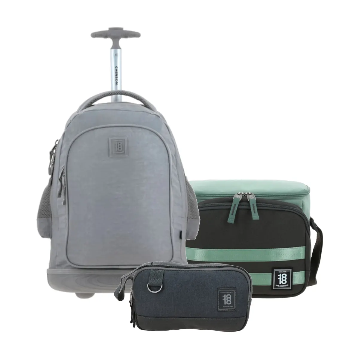 Kit Escolar 1818 by Chenson Gris (Mochila con Ruedas + Lonchera + Lapicera) | Juvenil - Modelo 1870145-186
