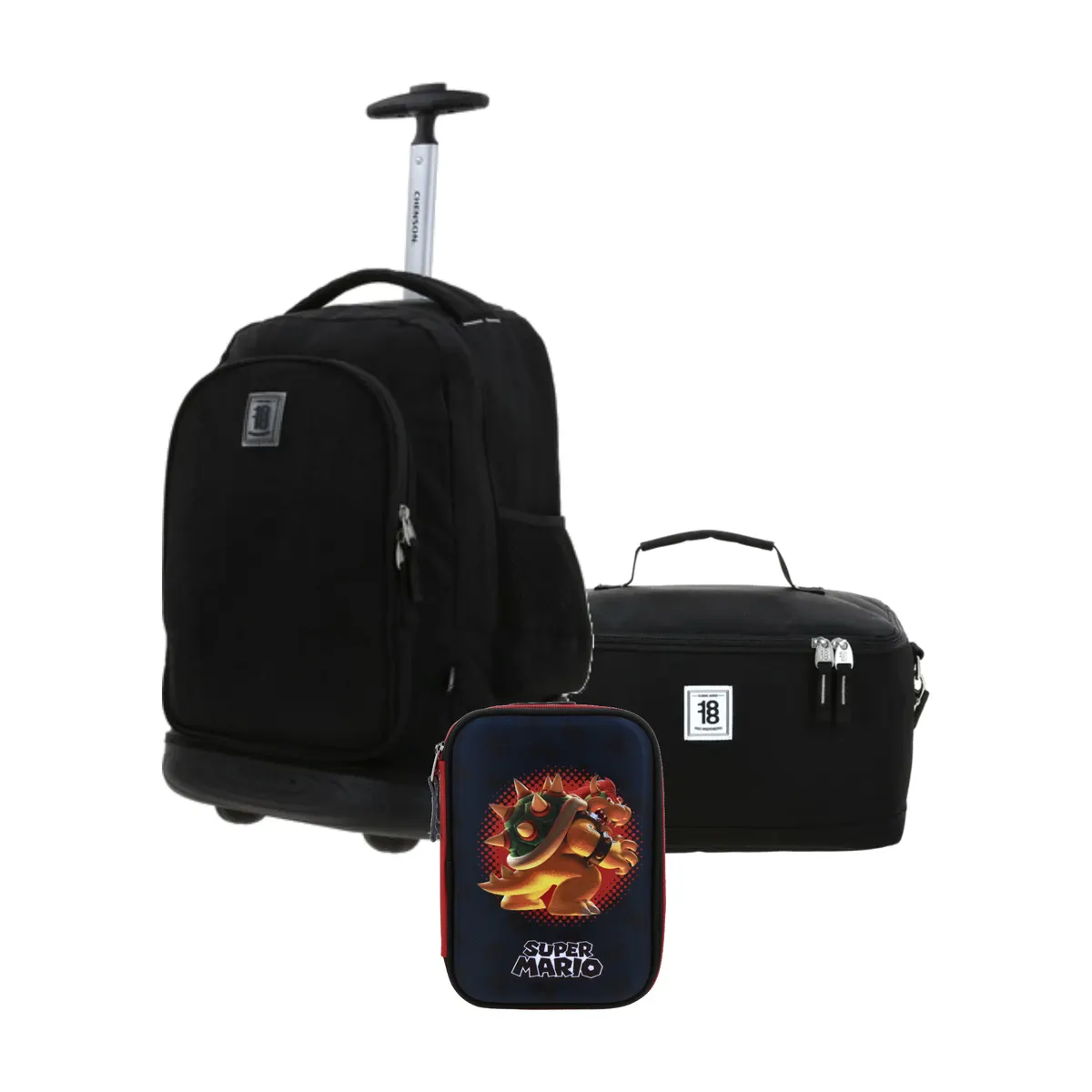 Kit Escolar 1818 by Chenson Negro (Mochila con Ruedas + Lonchera + Lapicera Mario Bros) | Primaria