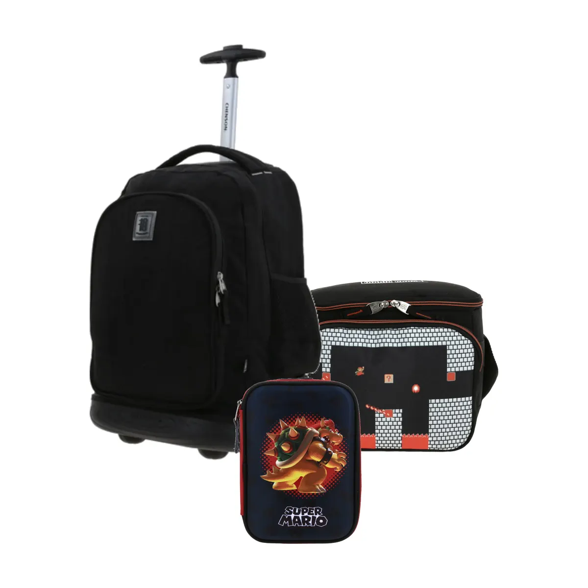 Kit Escolar 1818 by Chenson Negro (Mochila con Ruedas + Lonchera Mario Bros + Lapicera Mario Bros) | Primaria