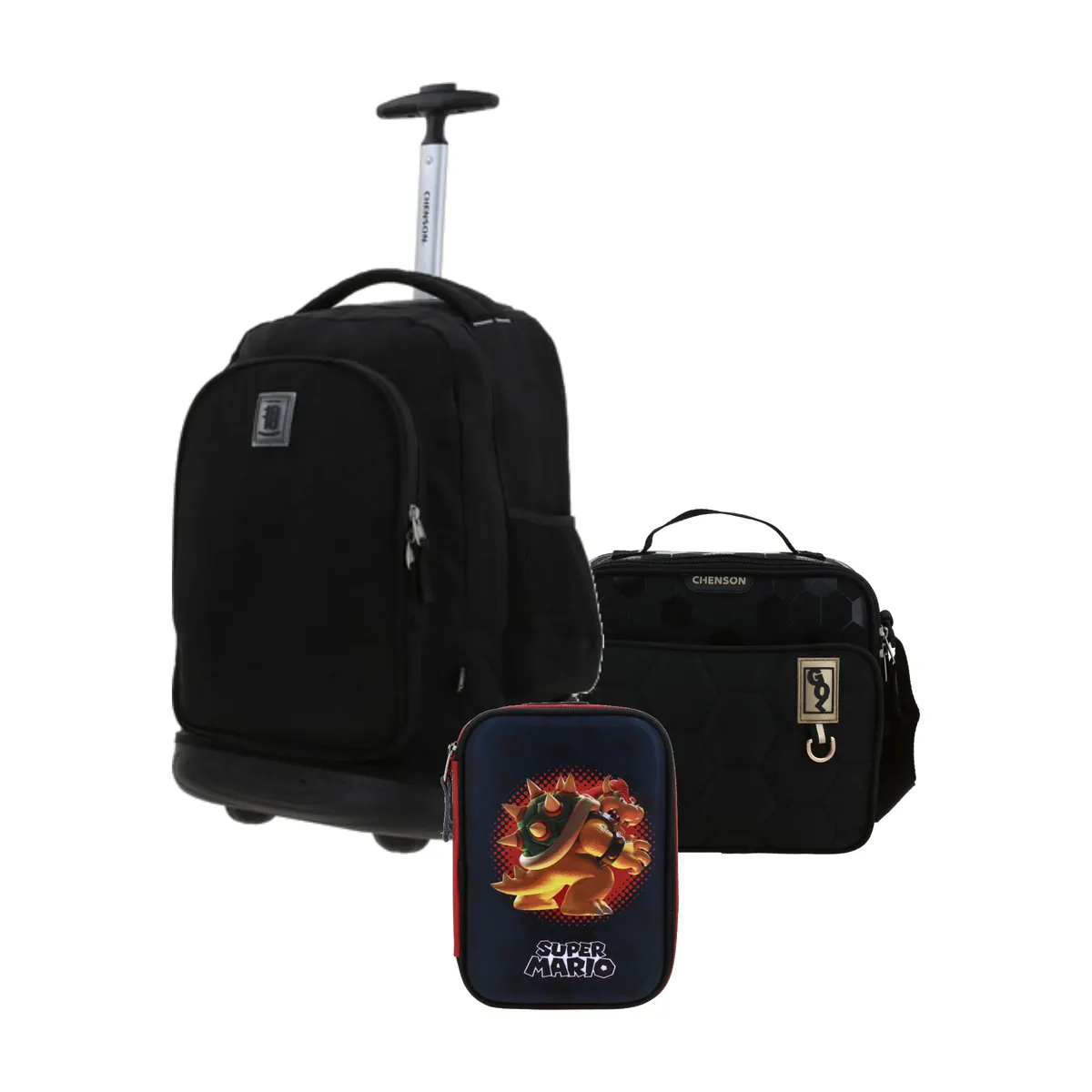Kit Escolar 1818 by Chenson Negro (Mochila con Ruedas + Lonchera Chenson Original + Lapicera Mario Bros) | Primaria - Modelo 1870145-199