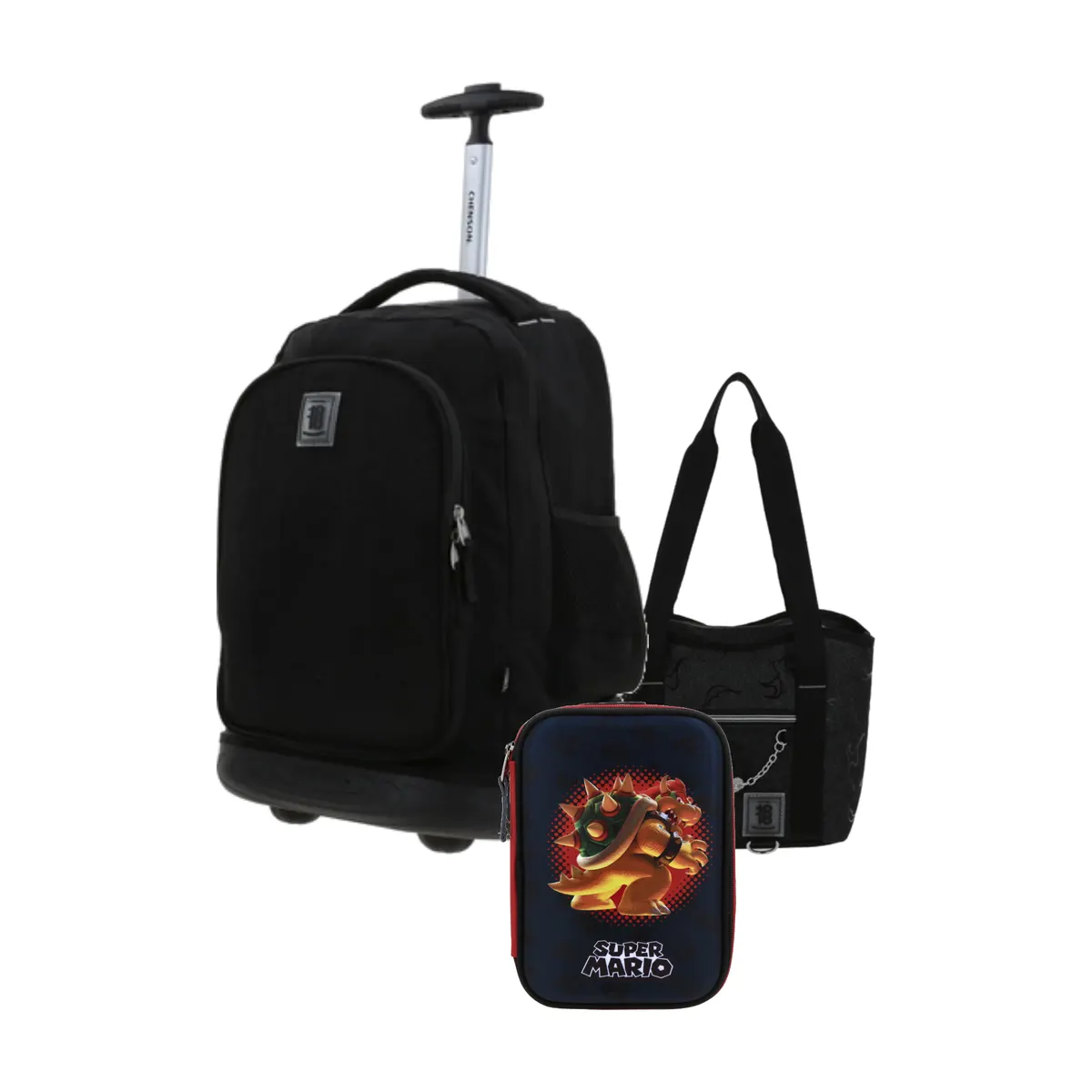 Kit Escolar 1818 by Chenson Negro (Mochila con Ruedas + Lonchera + Lapicera Mario Bros) | Juvenil