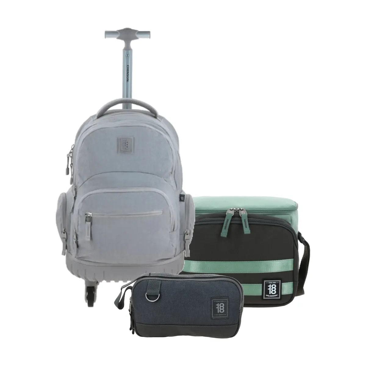 Kit Escolar 1818 by Chenson Gris (Mochila con Ruedas + Lonchera + Lapicera) | Juvenil - Modelo 1870146-186