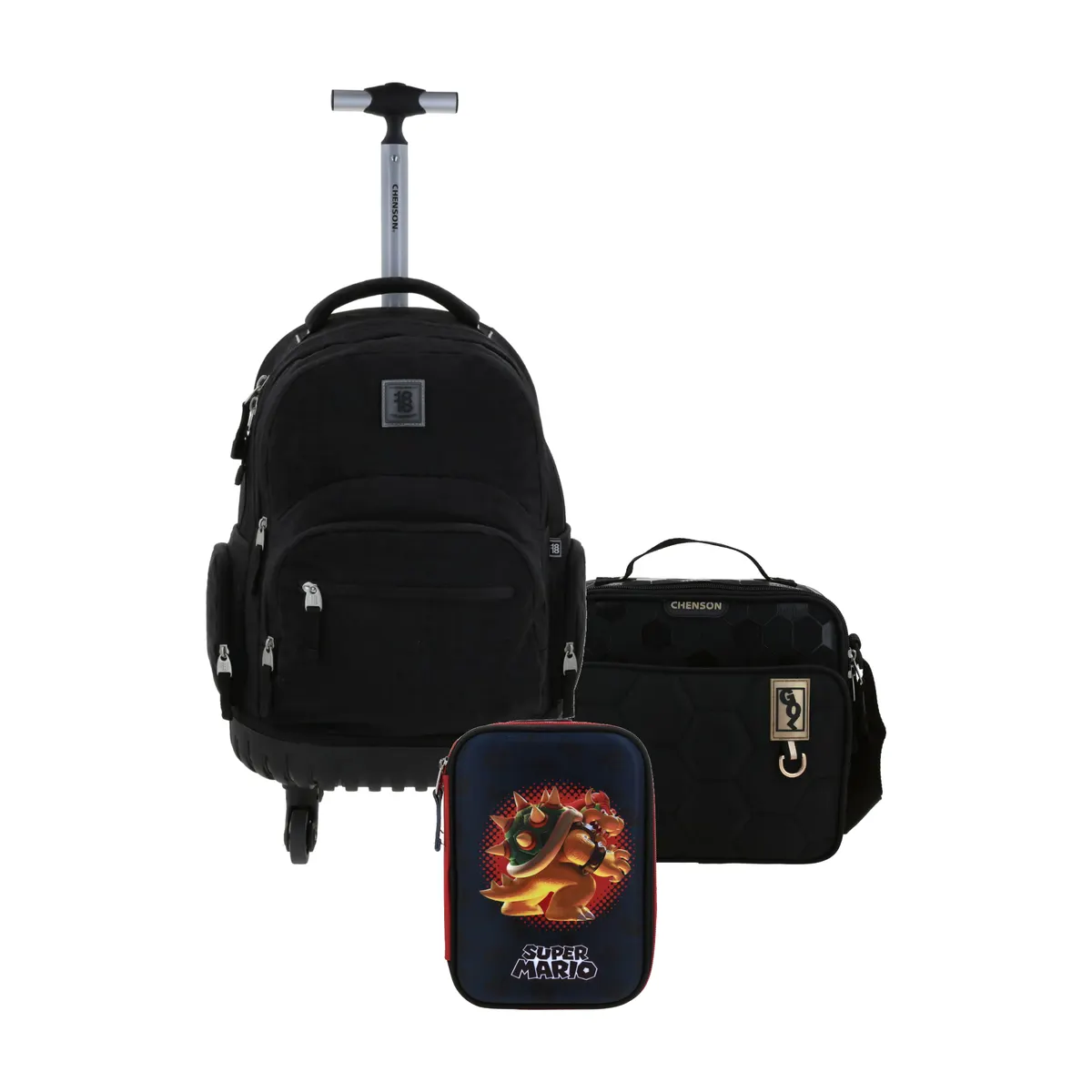 Kit Escolar 1818 by Chenson Negro (Mochila con Ruedas + Lonchera Chenson Original + Lapicera Mario Bros) | Primaria - Modelo 1870146-199