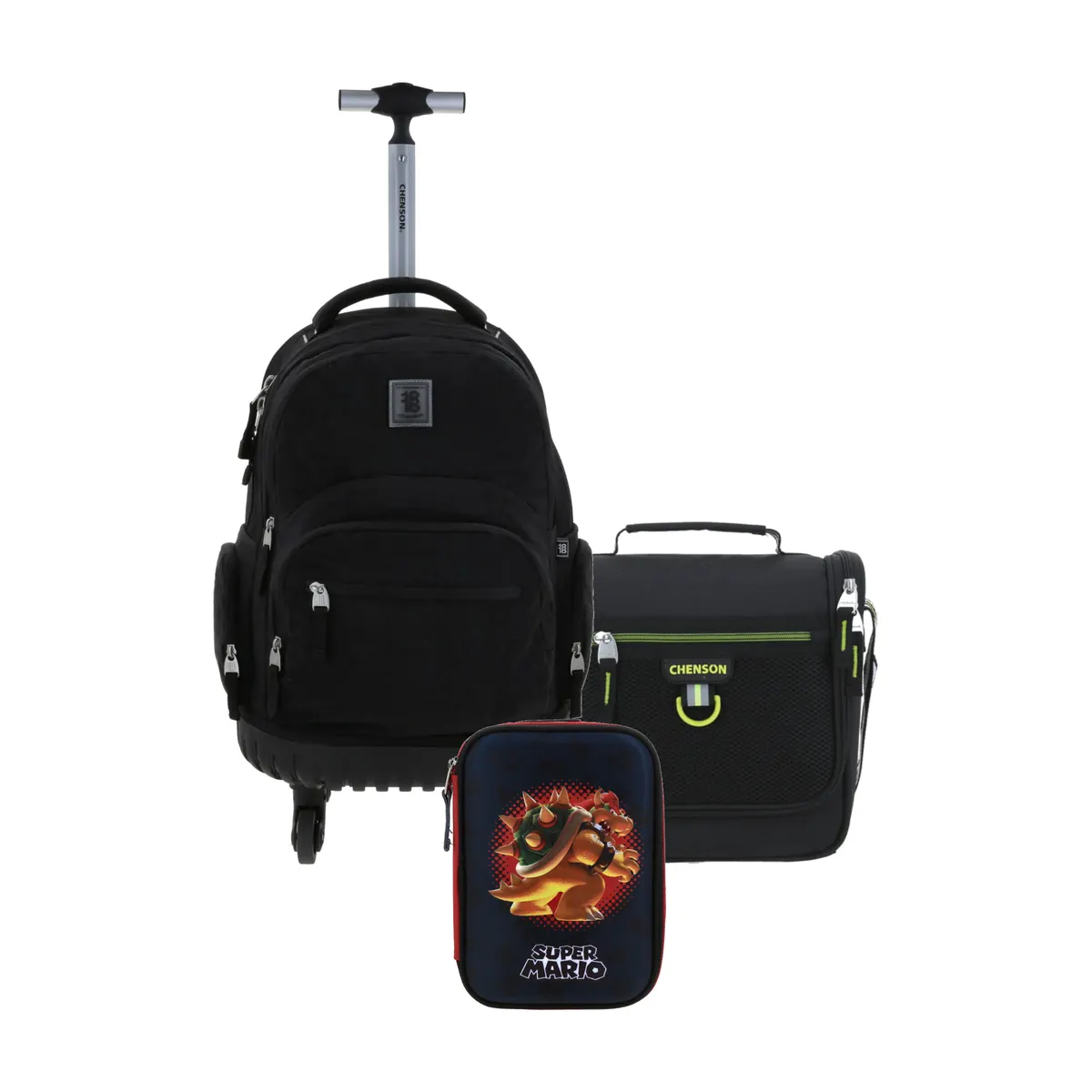 Kit Escolar 1818 by Chenson Negro (Mochila con Ruedas + Lonchera Chenson Clásico + Lapicera Mario Bros) | Primaria