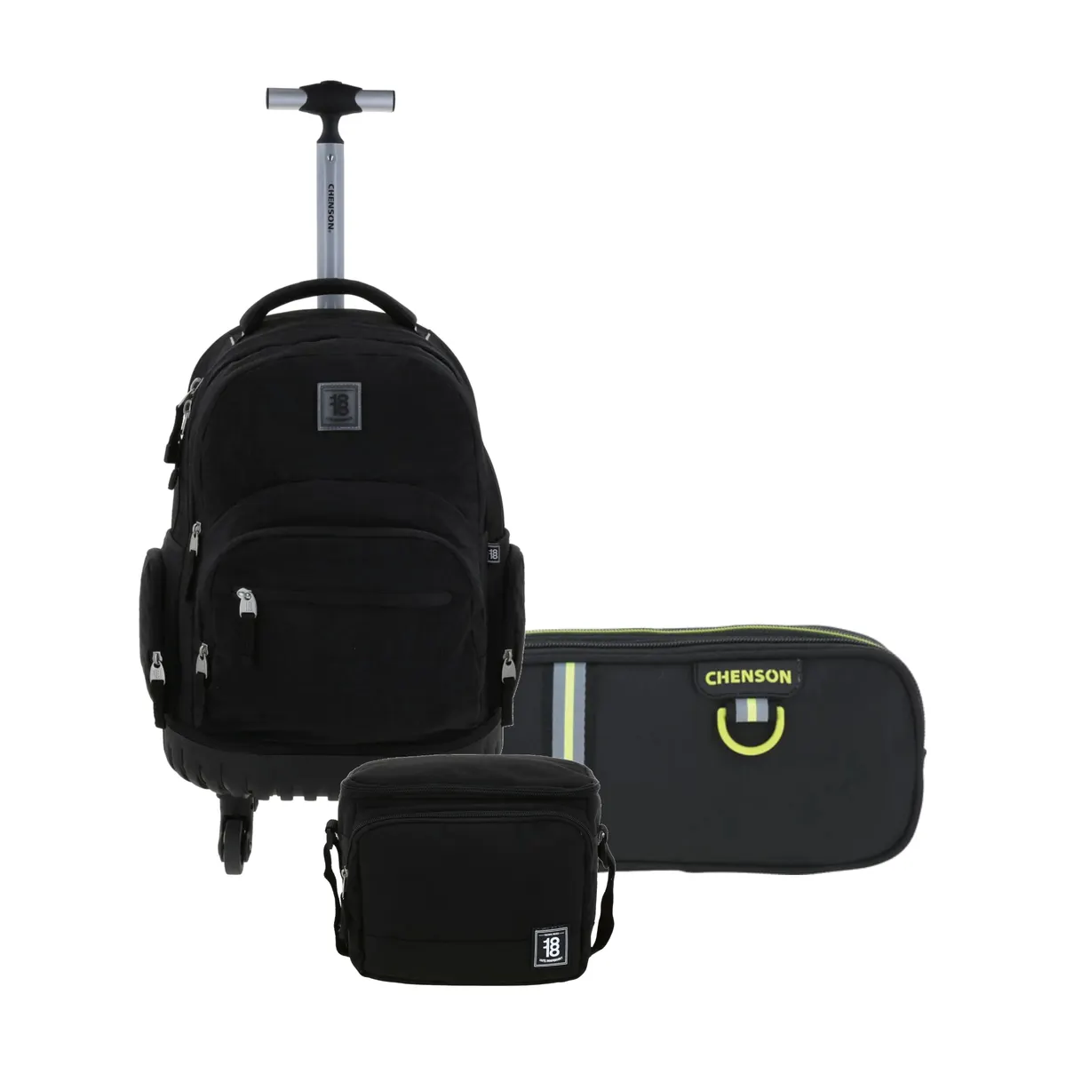 Kit Escolar 1818 by Chenson Negro (Mochila con Ruedas + Lapicera Chenson Clásico + Lunch bag) | Primaria y secundaria