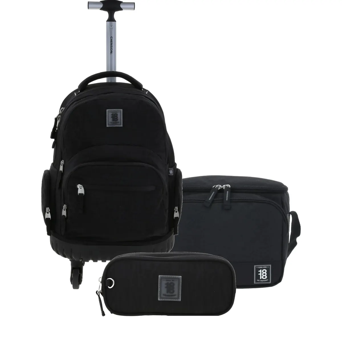 Kit Escolar 1818 by Chenson Negro (Mochila con Ruedas + Lonchera + Lapicera) | Primaria y secundaria