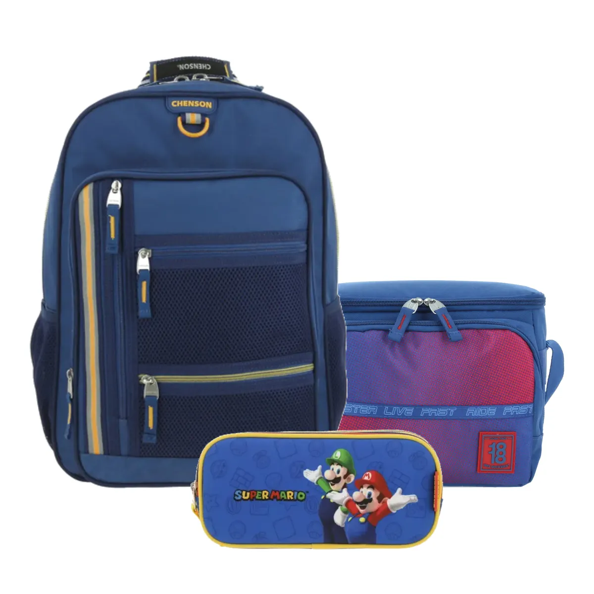 Kit Escolar Chenson Clásico Azul (Mochila + Lonchera 1818 + Lapicera Mario Bros) | Secundaria