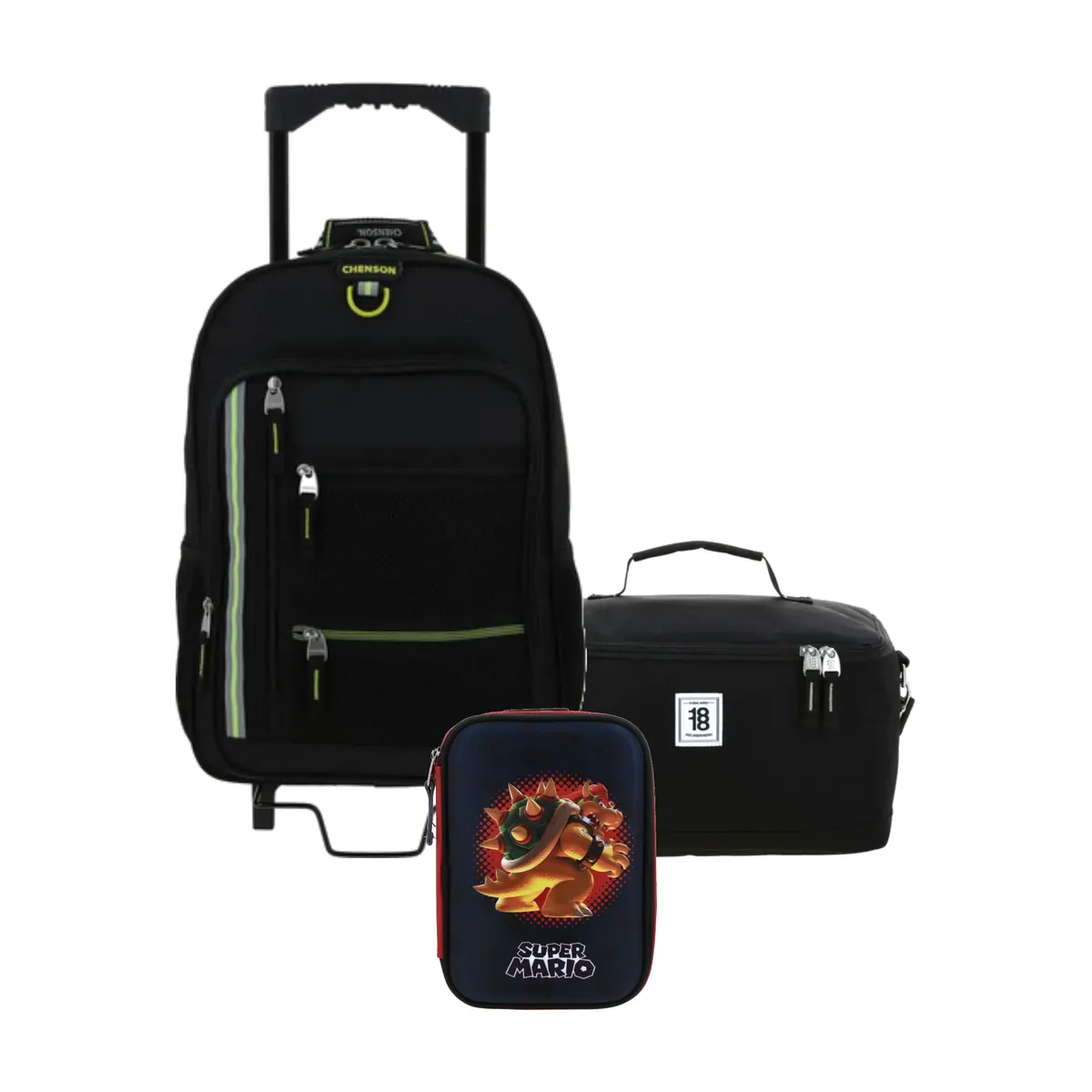 Kit Escolar Chenson Clásico Negro (Mochila con Ruedas + Lonchera 1818 + Lapicera Mario Bros) | Primaria - Modelo CH66508-137