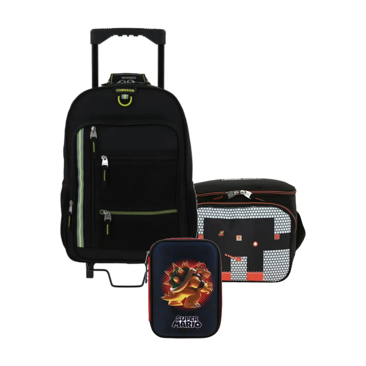 Kit Escolar Chenson Clásico Negro (Mochila con Ruedas + Lonchera Mario Bros + Lapicera Mario Bros) | Primaria