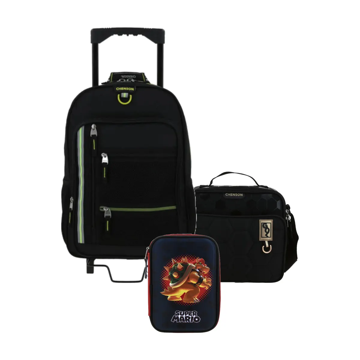 Kit Escolar Chenson Clásico Negro (Mochila con Ruedas + Lonchera + Lapicera Mario Bros) | Primaria - Modelo CH66508-199