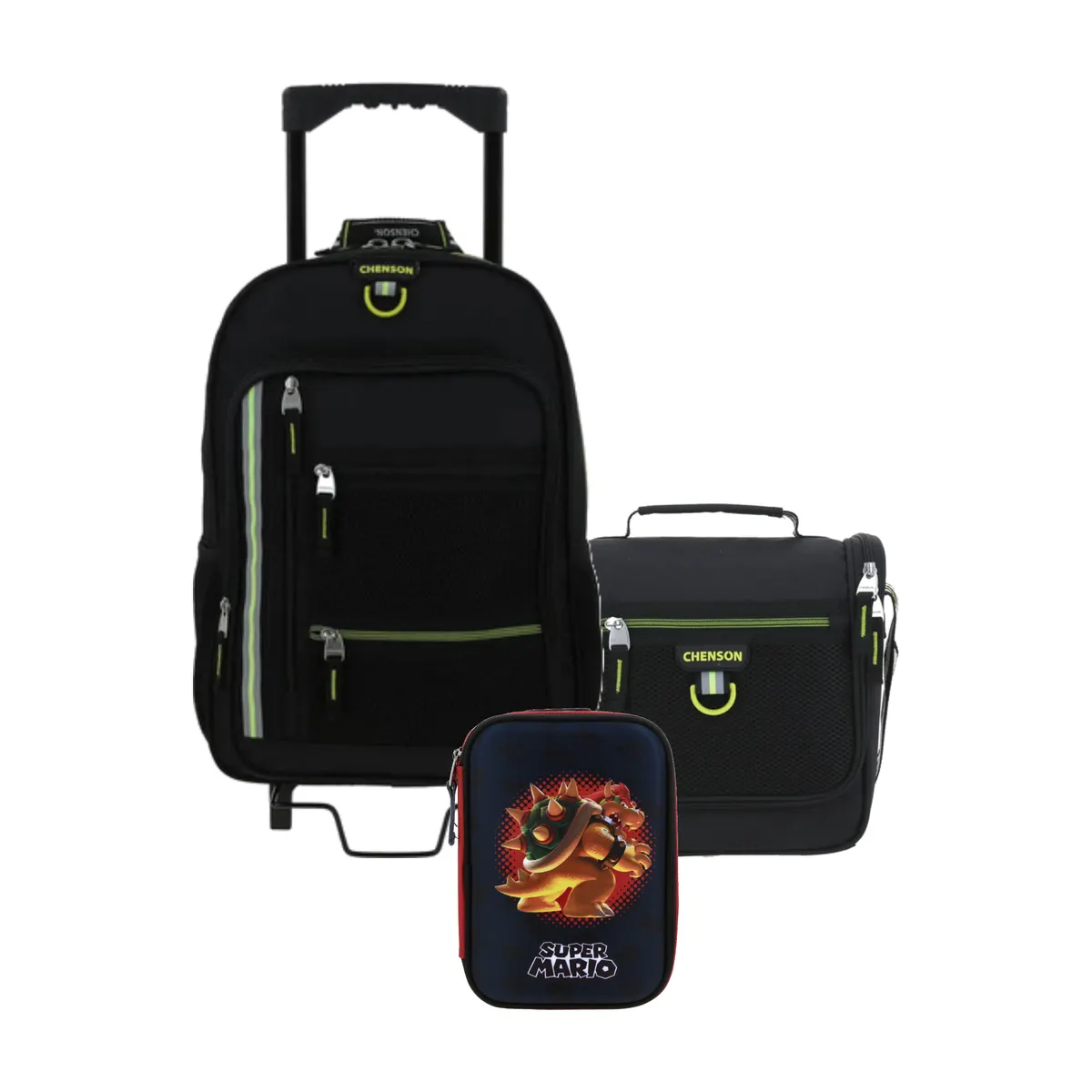 Kit Escolar Chenson Clásico Negro (Mochila con Ruedas + Lonchera + Lapicera Mario Bros) | Primaria - Modelo CH66508-492
