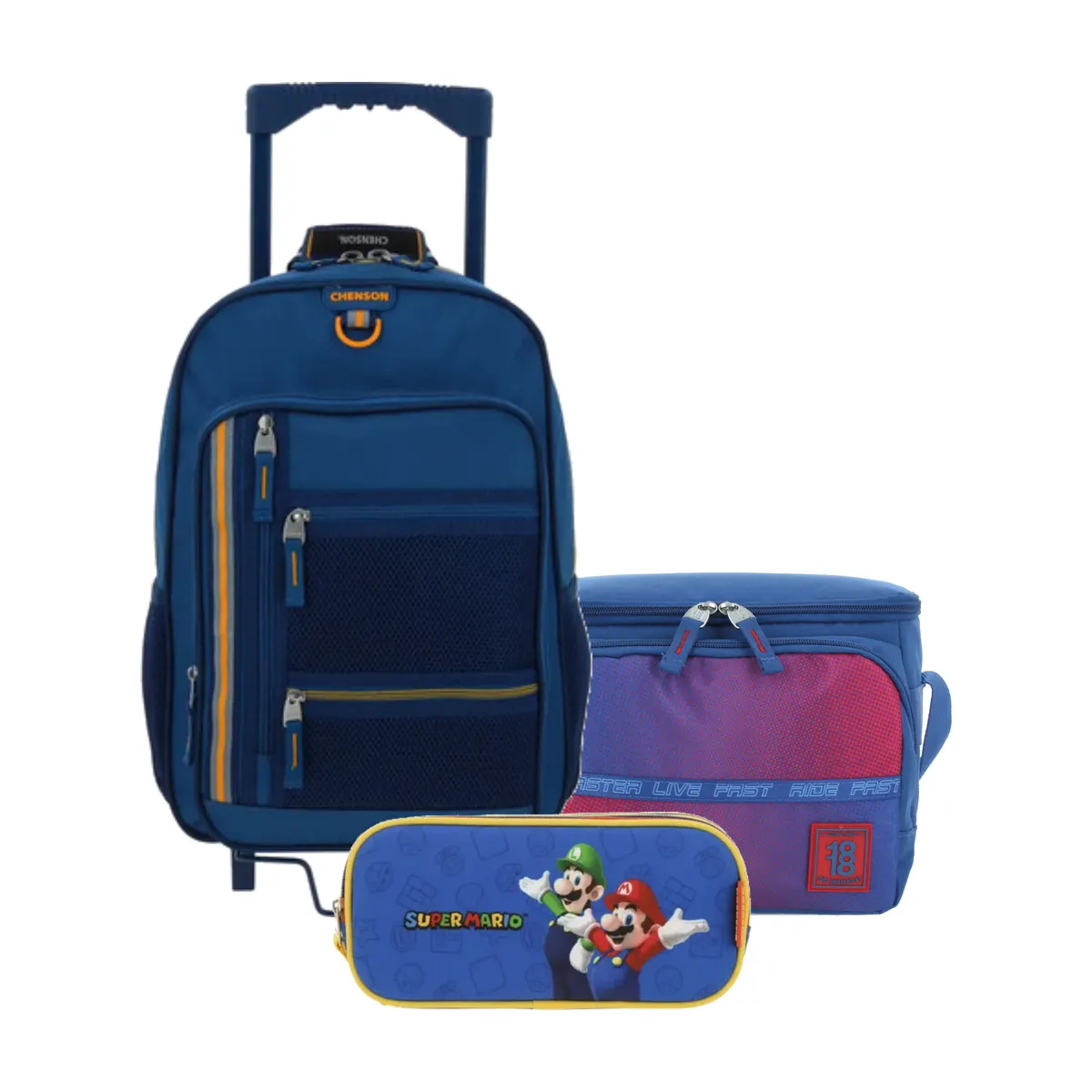 Kit Escolar Chenson Clásico Azul (Mochila con Ruedas + Lonchera 1818 + Lapicera Mario Bros) | Primaria - Modelo CH66508-034