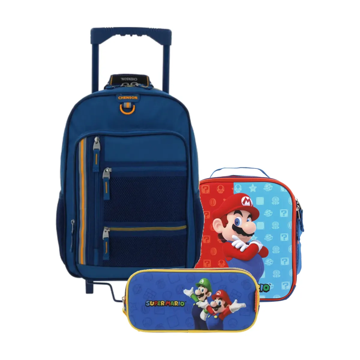 Kit Escolar Chenson Clásico Azul (Mochila con Ruedas + Lonchera Mario Bros + Lapicera Mario Bros) | Primaria