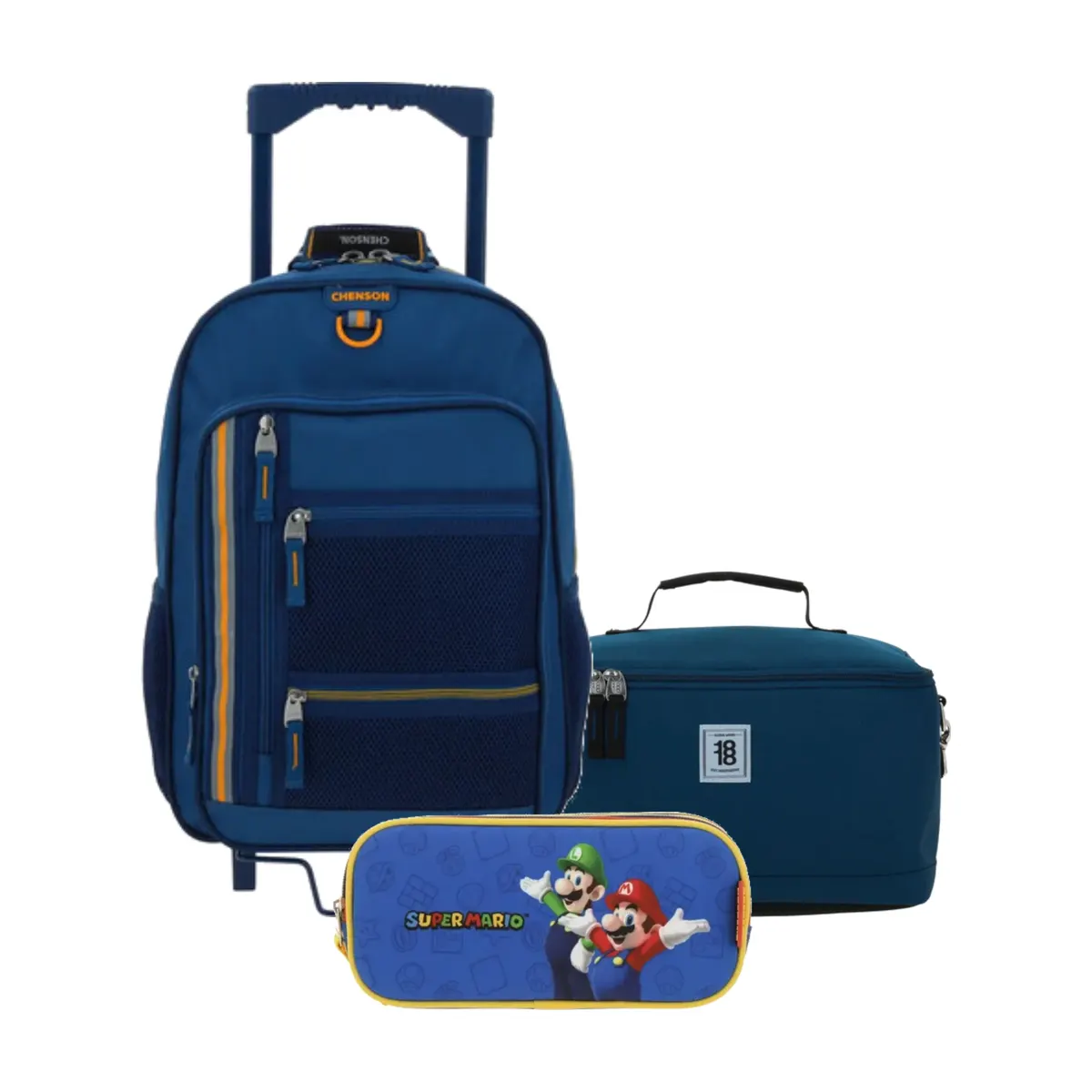 Kit Escolar Chenson Clásico Azul (Mochila con Ruedas + Lonchera 1818 + Lapicera Mario Bros) | Primaria - Modelo CH66508-137