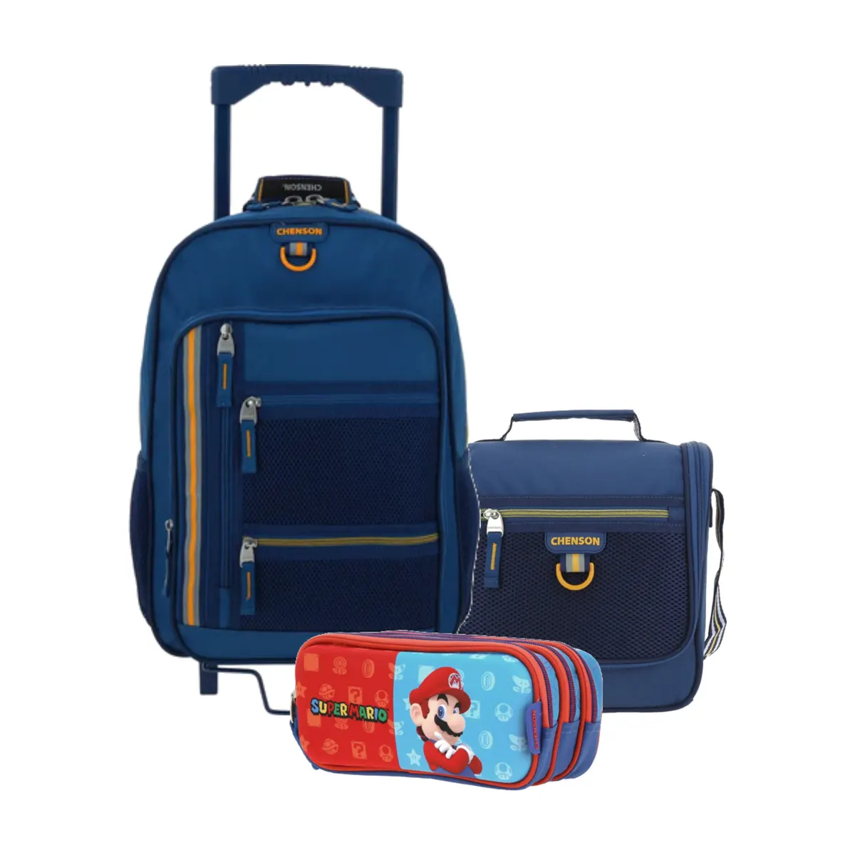 Kit Escolar Chenson Clásico Azul (Mochila con Ruedas + Lonchera + Lapicera Mario Bros) | Primaria