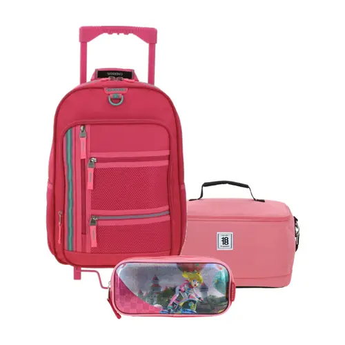 Kit Escolar Chenson Clásico Rosa (Mochila con Ruedas + Lonchera 1818 + Lapicera Mario Bros) | Primaria